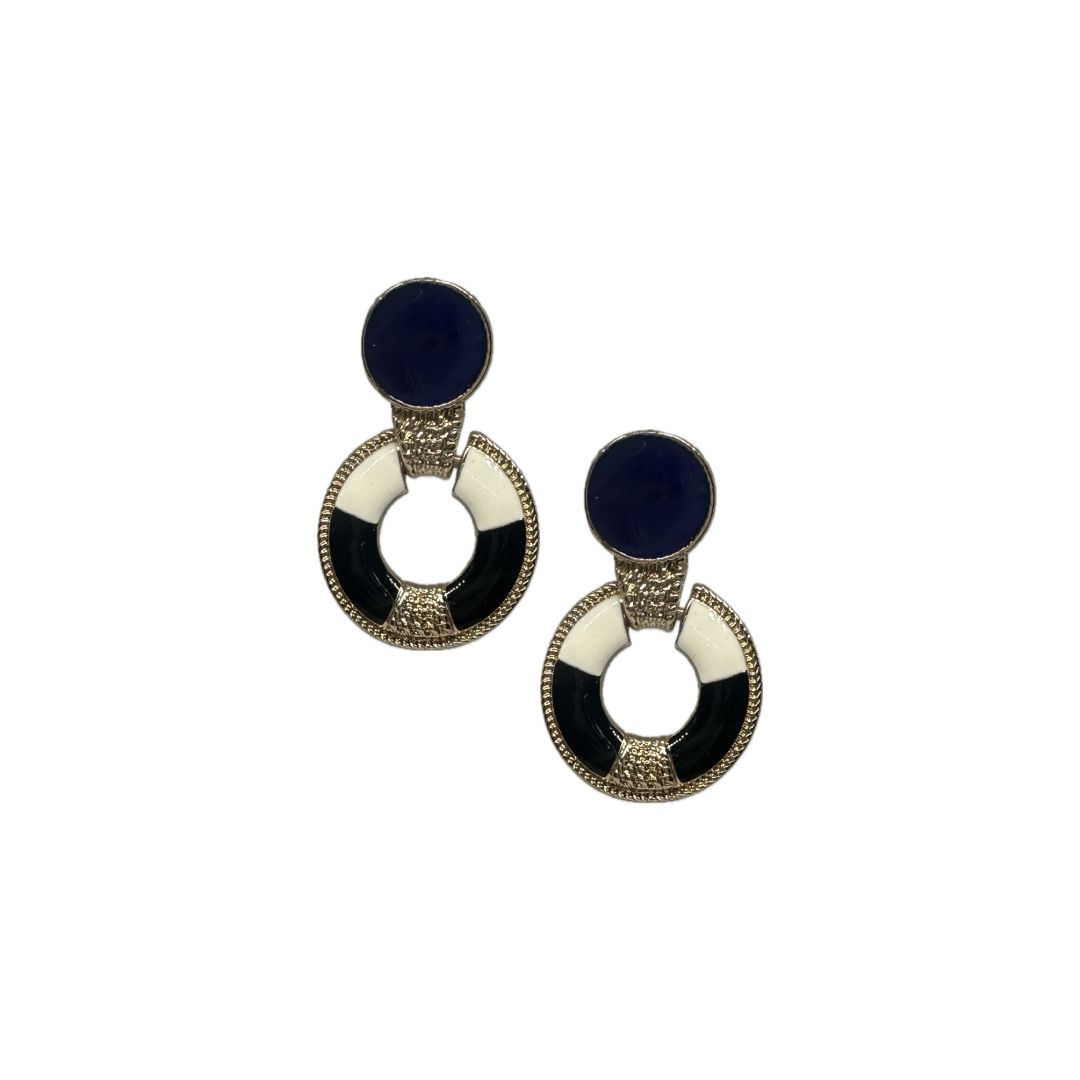 Navy Blue and Black Detailed Oval Earrings