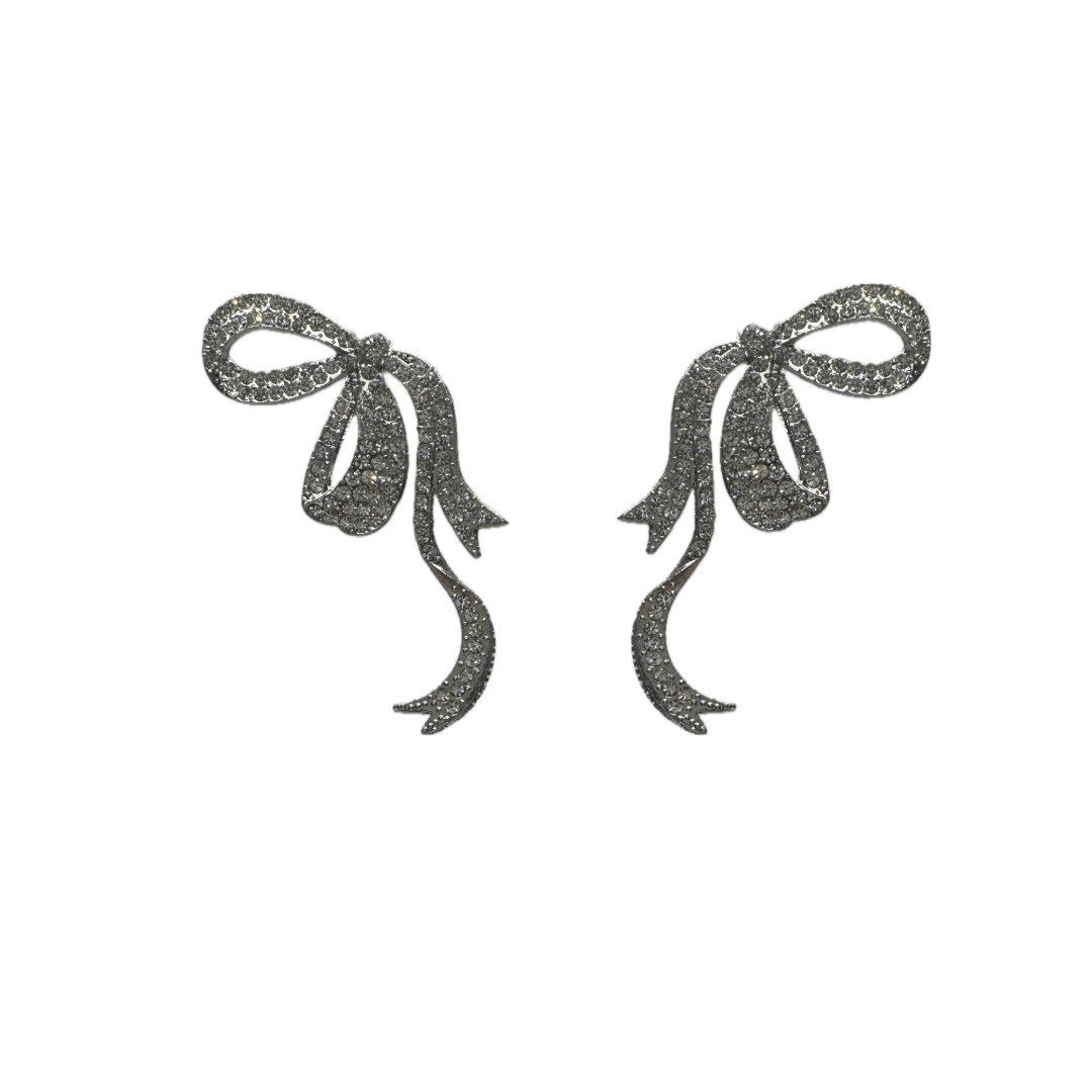 Silver Big Ribbon Earrings with Stones