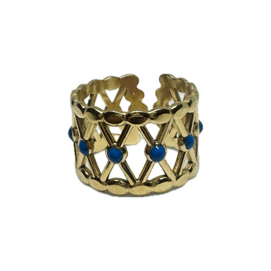Blue Detailed Gold X Ring