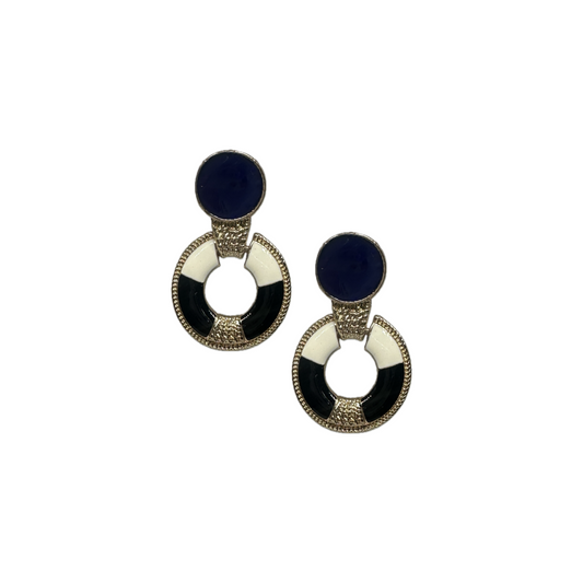 Navy Blue and Black Detailed Oval Earrings