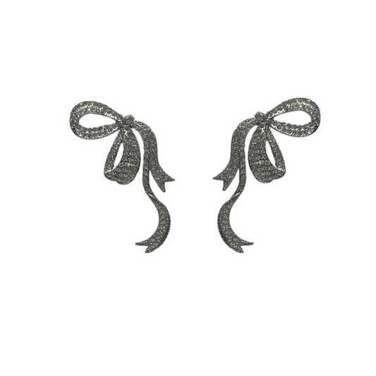 Silver Big Ribbon Earrings with Stones